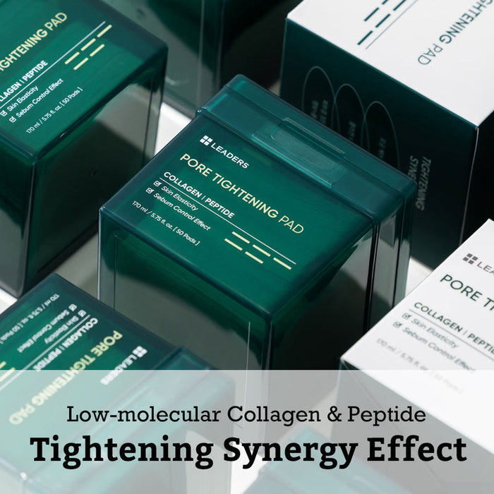 Close-up of green and white skincare packaging for Pore Tightening Pad | Leaders, highlighting collagen and peptide ingredients for a tightening synergy effect in skincare.