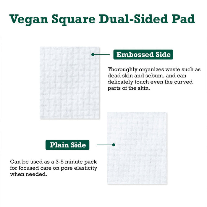 Close-up of a vegan square dual-sided skincare pad showing the embossed texture for cleansing and the plain side for pore elasticity care, labeled as Pore Tightening Pad | Leaders.