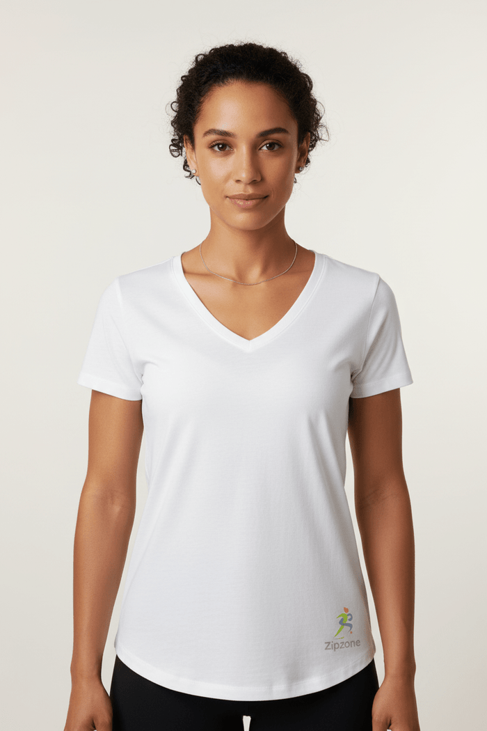Premium White Women’s V‑Neck Short‑Sleeve Cotton Tee – Classic Fit - Zipzone International