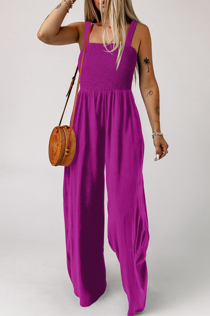 Purple Orchid Smocked Square Neck Sleeveless Jumpsuit with Pockets