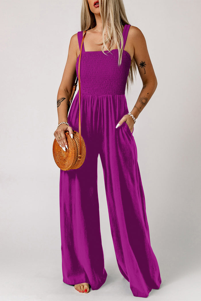 Purple Orchid Smocked Square Neck Sleeveless Jumpsuit with Pockets