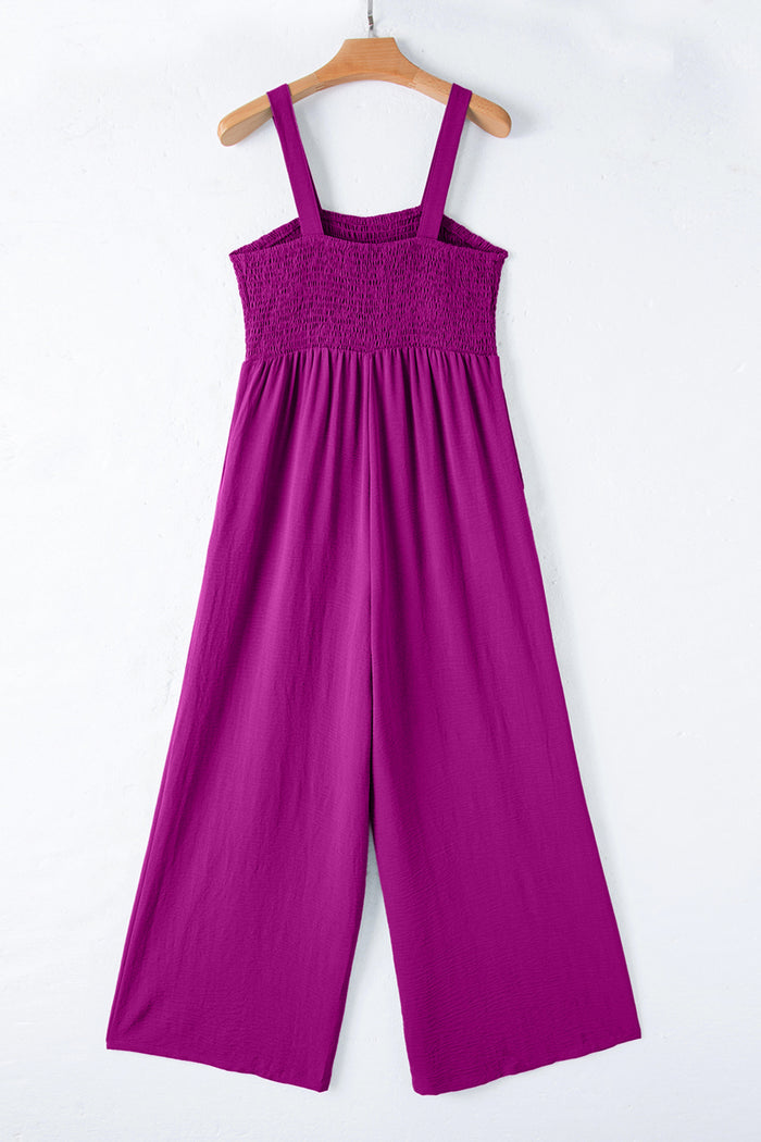 Purple Orchid Smocked Square Neck Sleeveless Jumpsuit with Pockets