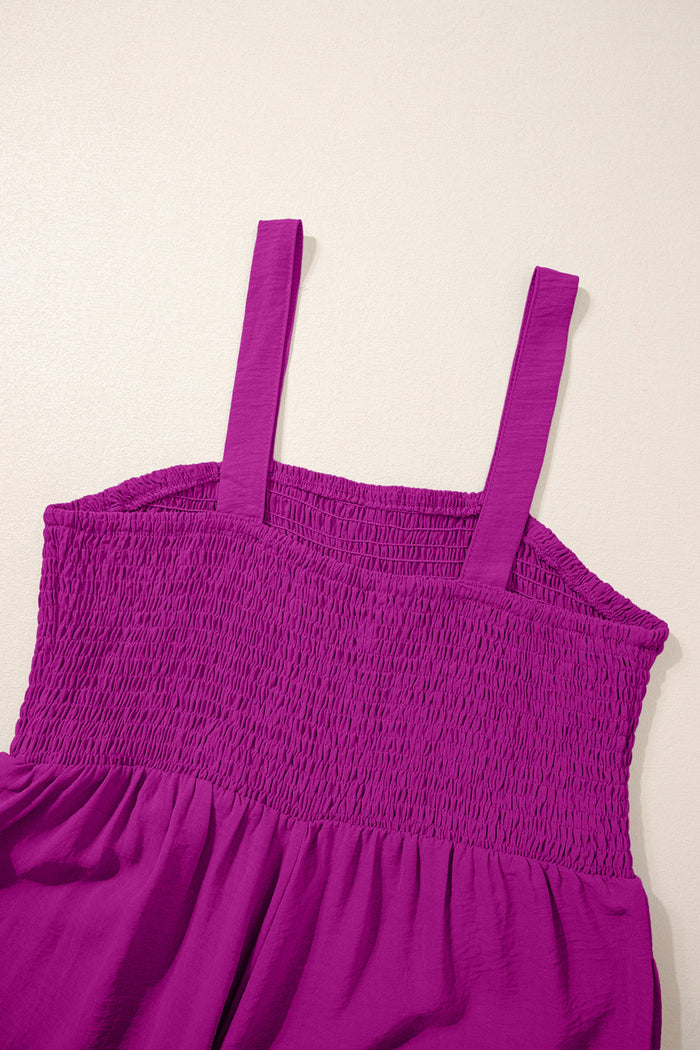 Purple Orchid Smocked Square Neck Sleeveless Jumpsuit with Pockets