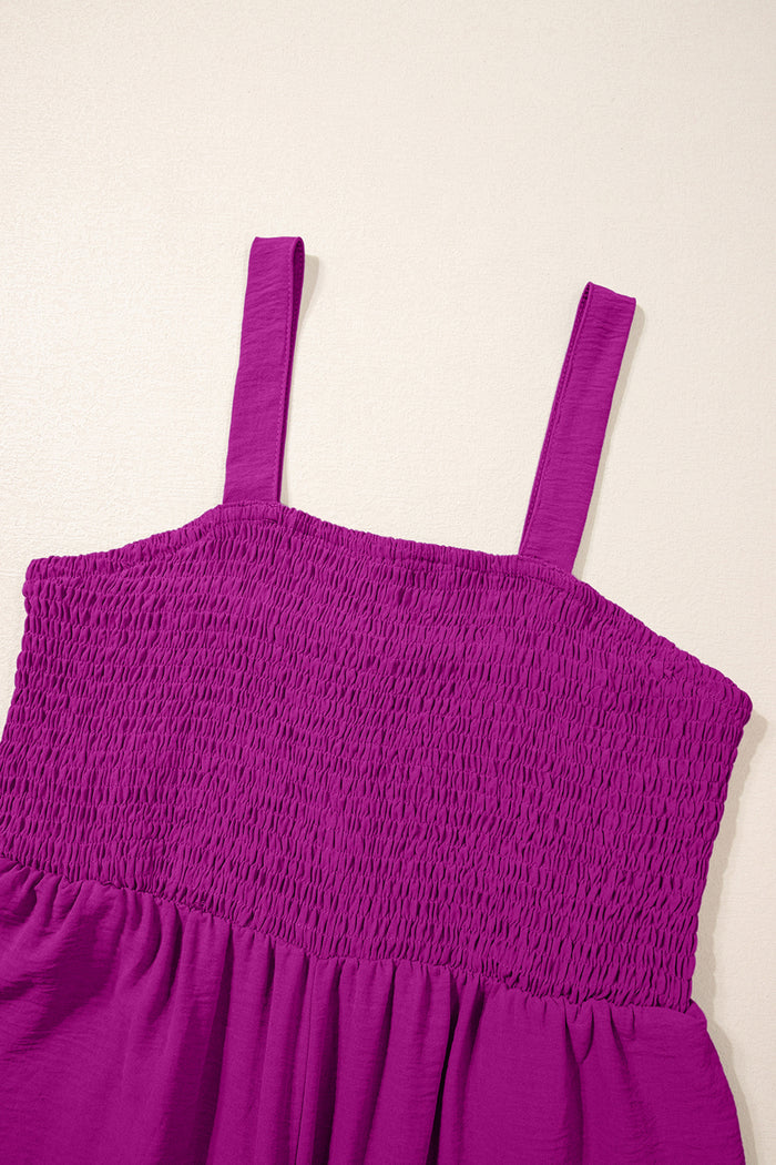 Purple Orchid Smocked Square Neck Sleeveless Jumpsuit with Pockets