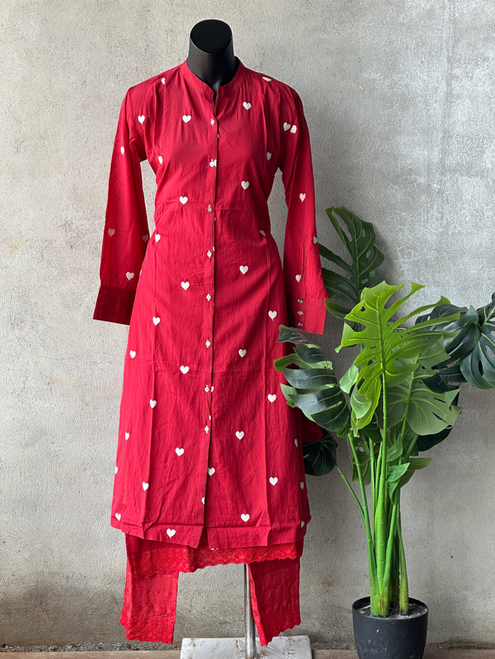Red heart embroidery muslin co-ord st