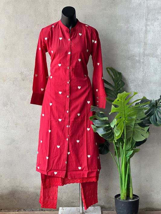 Red heart embroidery muslin co-ord st