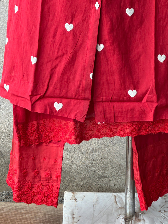 Red heart embroidery muslin co-ord st