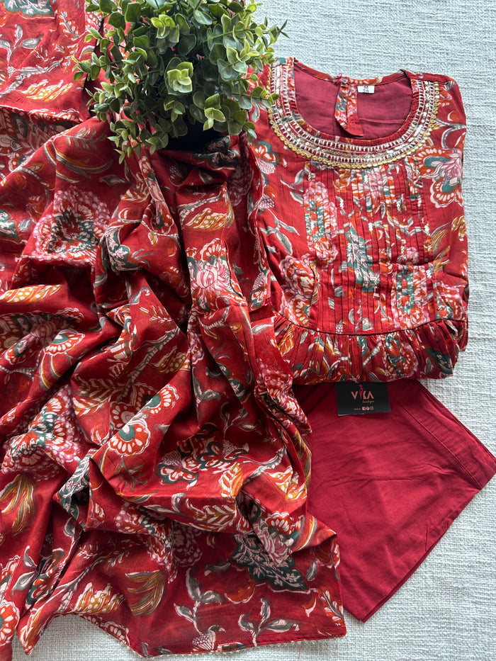 Reddish orange Printed cotton suit set