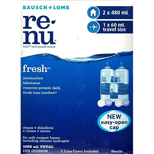 Renu Bausch+Lomb Fresh Multi-Purpose Eye Contact Lens Solution (2 x 480ml) and (1 x 60ml )Travel Size- Full set - Shoppers-kart.com
