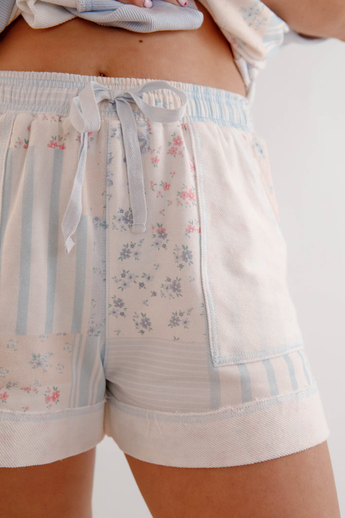 Matching Athleisure Set- Floral Patchwork and Striped Top- Peach Love Cream Matching Set