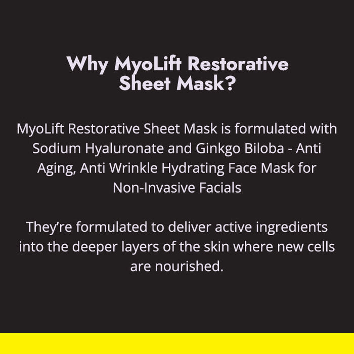 Text on black background explaining MyoLift Restorative Sheet Mask benefits, highlighting anti-aging, anti-wrinkle hydrating formula with Sodium Hyaluronate and Ginkgo Biloba for non-invasive facials, promoting deeper skin nourishment with Restorative Facial Sheet Mask Set - 2 Mask Kit | 7e Wellness.
