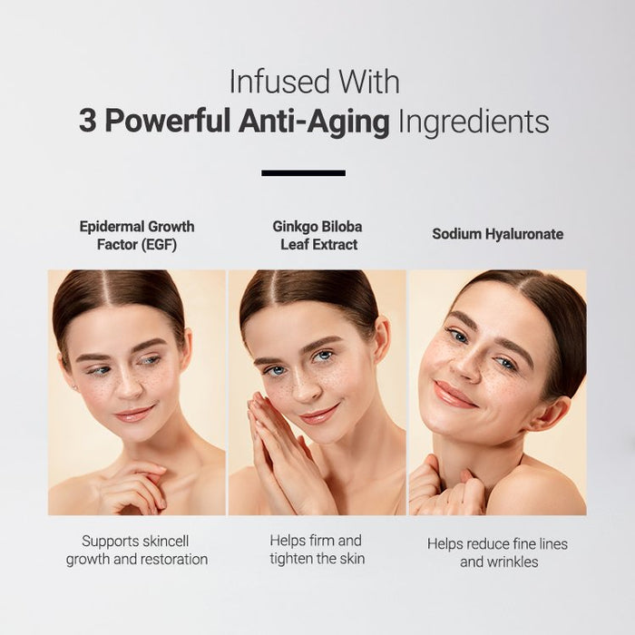 Restorative Facial Sheet Mask Set - 2 Mask Kit | 7e Wellness highlighting three powerful anti-aging ingredients: Epidermal Growth Factor for skin cell growth, Ginkgo Biloba Leaf Extract for firming, and Sodium Hyaluronate to reduce fine lines.