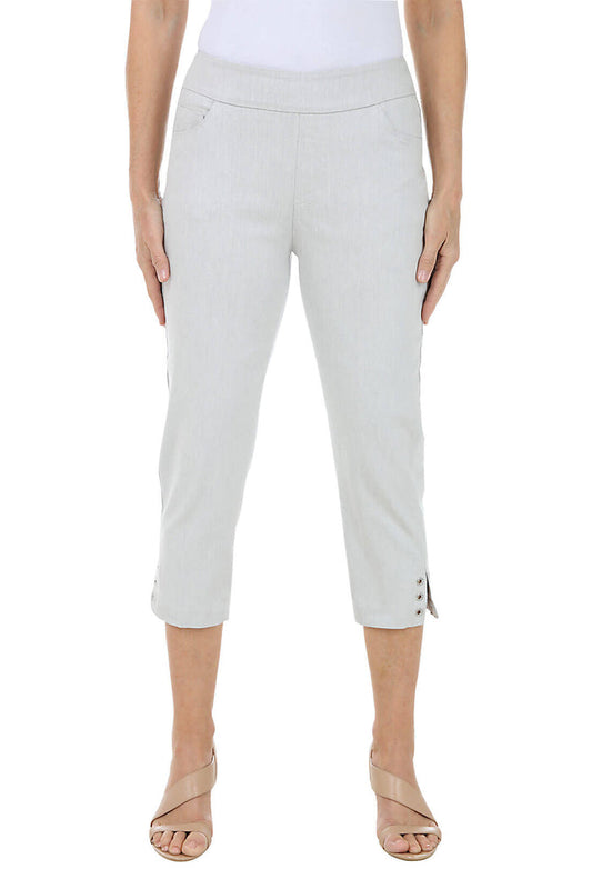 Light gray capri pants worn by a person on a white background