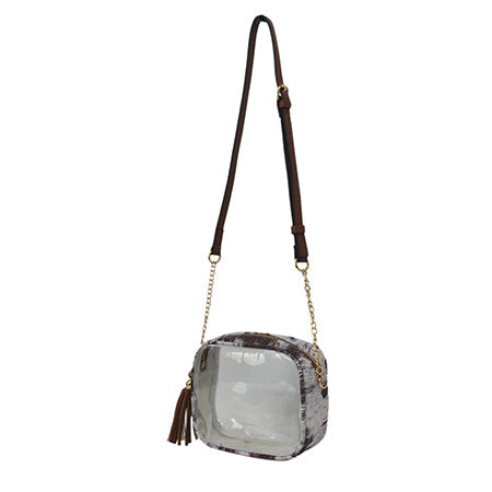 clear crossbody bag, stadium clear bag, concert clear purse, PVC crossbody bag, faux leather clear bag, stadium approved bag, gold accent clear bag, see through concert purse, transparent crossbody, clear bag with tassel, festival ready clear bag, event clear crossbody, trendy stadium purse, concert event bag, hands-free clear bag, stadium style bag, chic transparent purse, fringe clear crossbody, sports event clear bag, music festival bag, fashion stadium bag