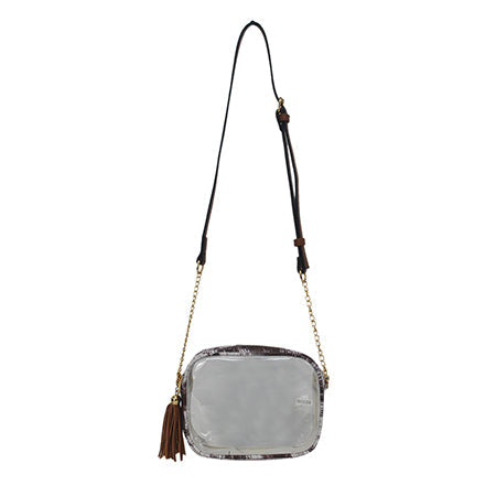 clear crossbody bag, stadium clear bag, concert clear purse, PVC crossbody bag, faux leather clear bag, stadium approved bag, gold accent clear bag, see through concert purse, transparent crossbody, clear bag with tassel, festival ready clear bag, event clear crossbody, trendy stadium purse, concert event bag, hands-free clear bag, stadium style bag, chic transparent purse, fringe clear crossbody, sports event clear bag, music festival bag, fashion stadium bag