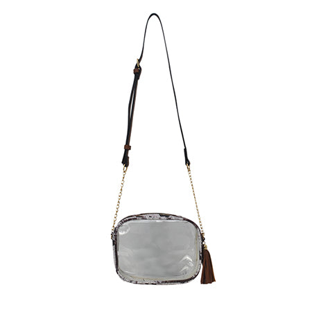 clear crossbody bag, stadium clear bag, concert clear purse, PVC crossbody bag, faux leather clear bag, stadium approved bag, gold accent clear bag, see through concert purse, transparent crossbody, clear bag with tassel, festival ready clear bag, event clear crossbody, trendy stadium purse, concert event bag, hands-free clear bag, stadium style bag, chic transparent purse, fringe clear crossbody, sports event clear bag, music festival bag, fashion stadium bag