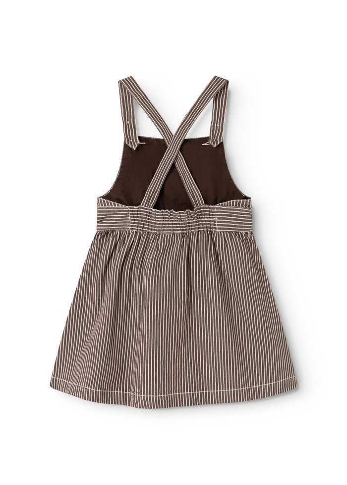 Dark brown striped dress with X-cross straps and a pleated waist.
