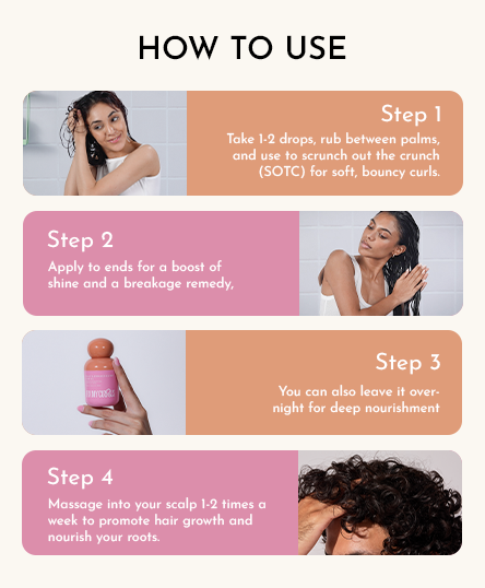 Instructions on how to use Scalp & Strands Elixir Hair Oil with step-by-step guidance and images of a woman using it.