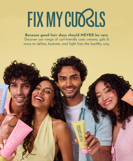 Advertisement for 'Fix My Curls' hair care products with four people holding the product against a yellow background.