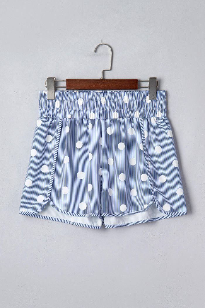 Sky Blue Polka Dot Print Shirred High Waist Casual Shorts