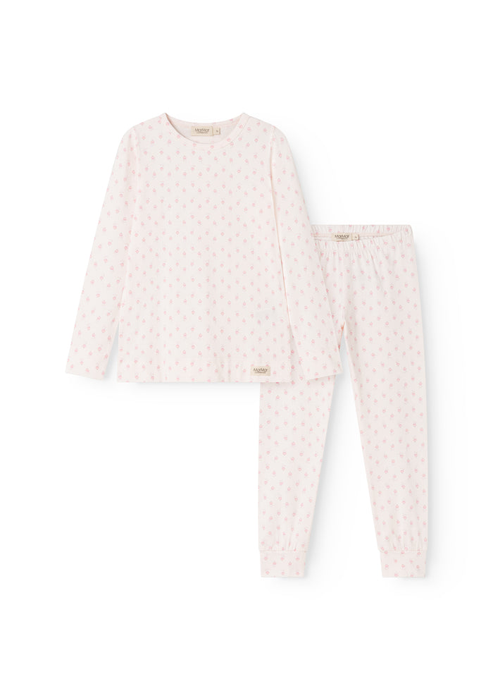 Kids pajama set in white with pink mini flowers, long‑sleeve top and trousers