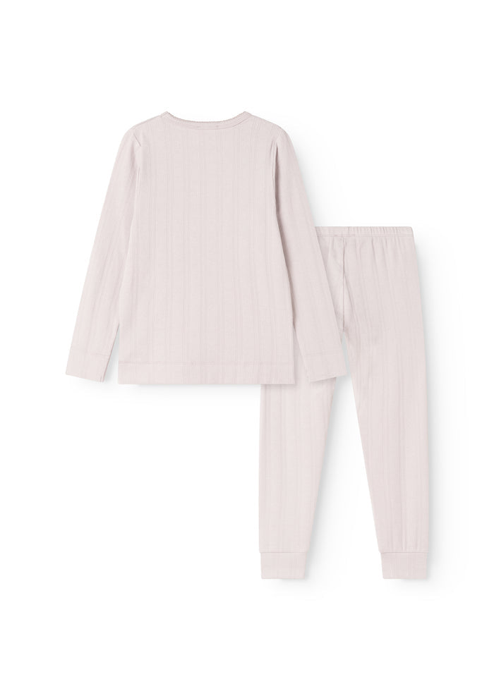 Light purple children's pajamas: long-sleeve blouse and long pants with a matching pattern.