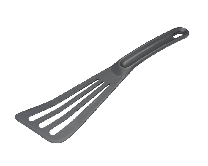 Gray slotted spatula on a white background