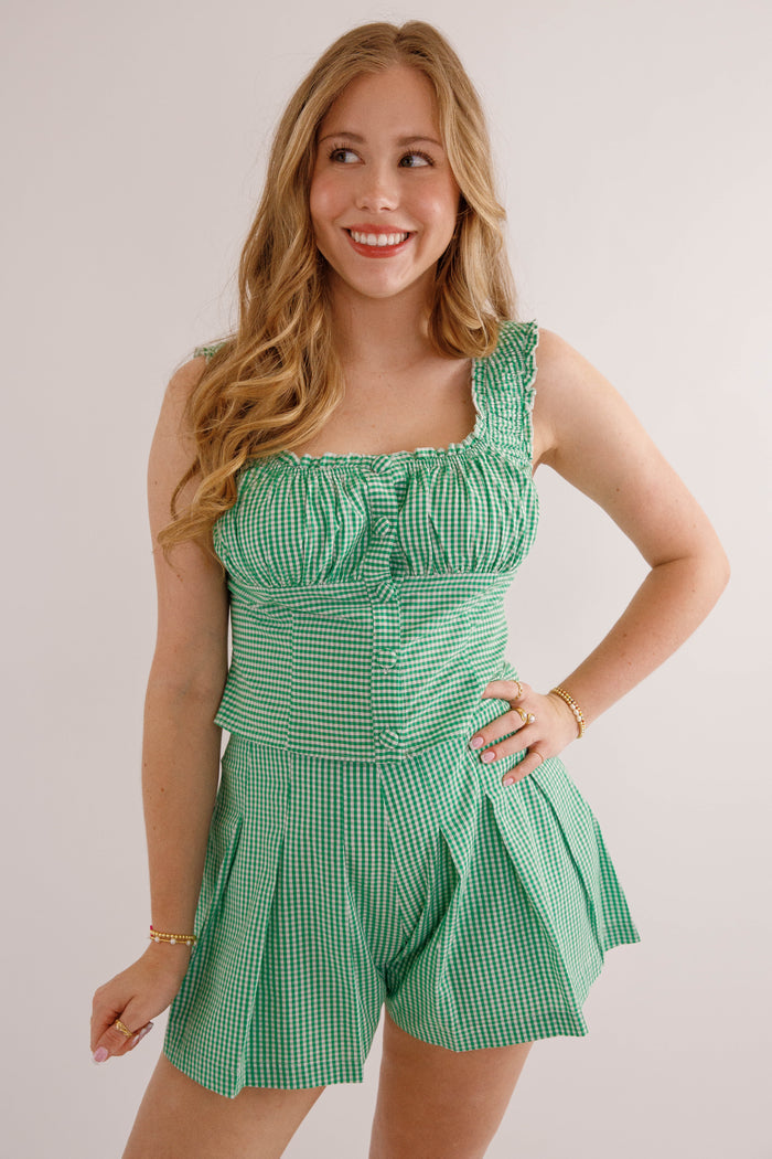 Green Gingham Ruffle Top & Short Set -Preppy Two Piece Outfit- Mable Green Two Piece Set