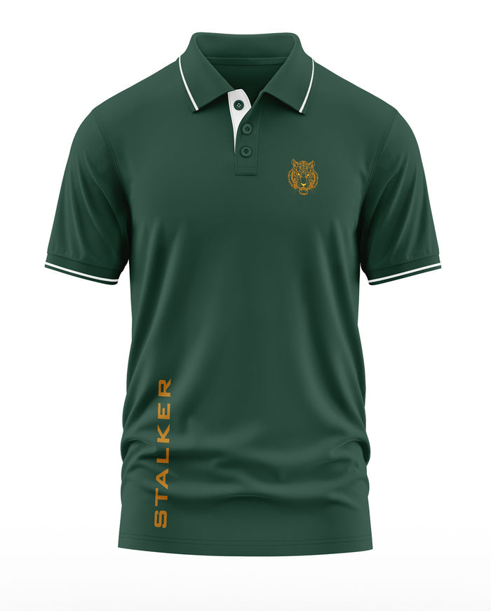 Green men's polo t-shirt with tiger logo, white trim, and 'STALKER' text in yellow.