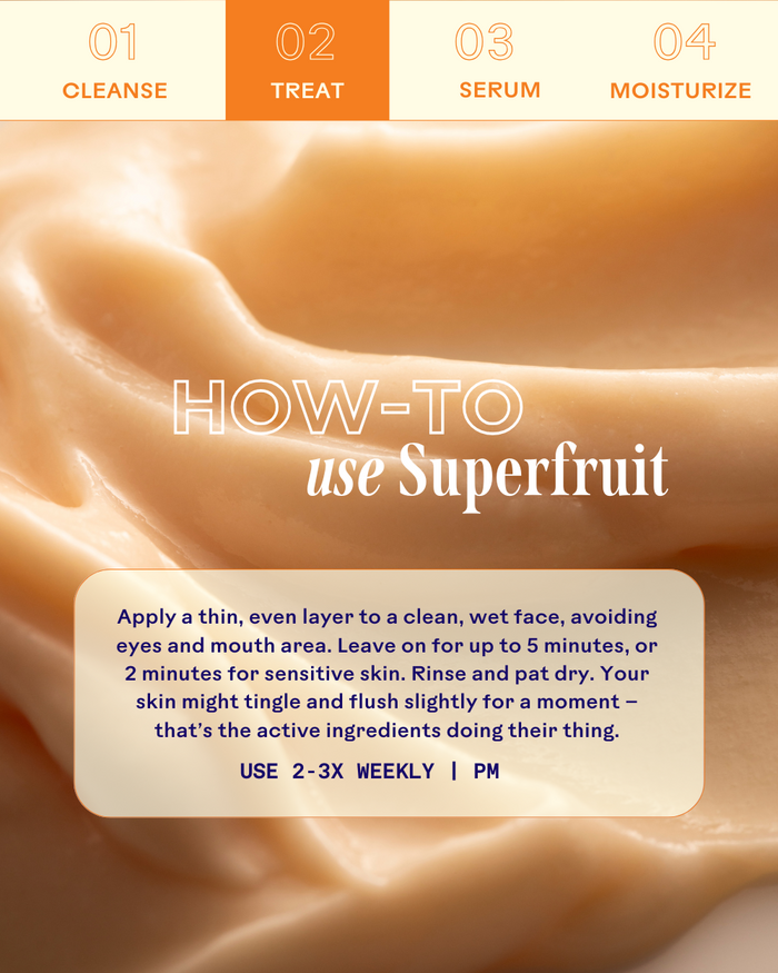 Close-up of a smooth, creamy exfoliating mask texture with instructions to apply a thin layer on wet face, avoid eyes and mouth, leave for up to 5 minutes, then rinse, promoting gentle skincare using Superfruit Lactic + Multifruit 8% AHA Exfoliating Mask | Three Ships.