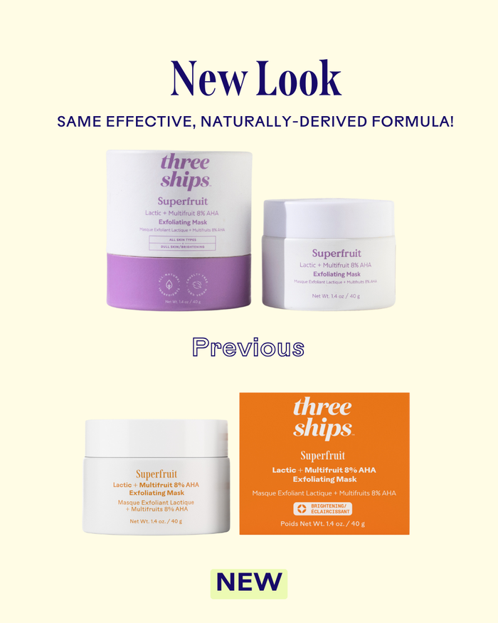 Image showing the new and previous packaging designs for Superfruit Lactic + Multifruit 8% AHA Exfoliating Mask | Three Ships, highlighting the updated look with a naturally-derived formula.