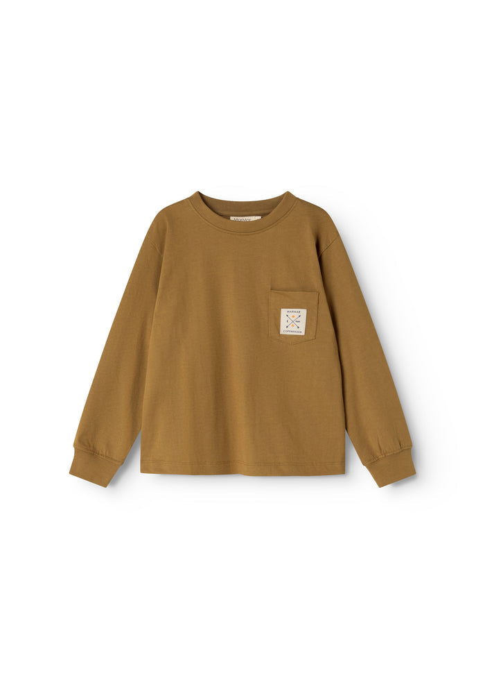 Caramel brown long-sleeve blouse with round collar and small chest pocket.