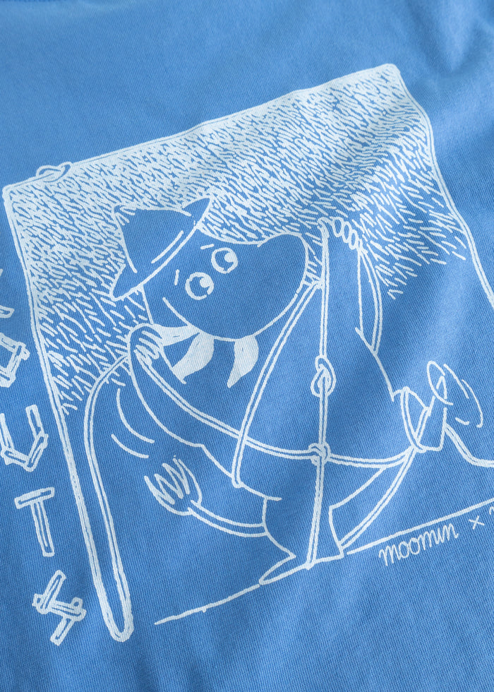 Light blue blouse with large white Moomin Scout print.