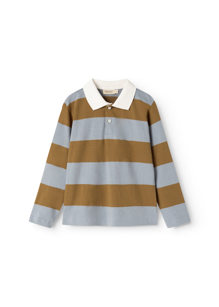 Striped polo shirt with long sleeves, light blue/ochre brown, white collar and button closure