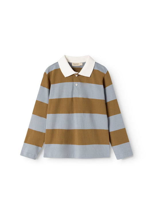 Striped polo shirt with long sleeves, light blue/ochre brown, white collar and button closure