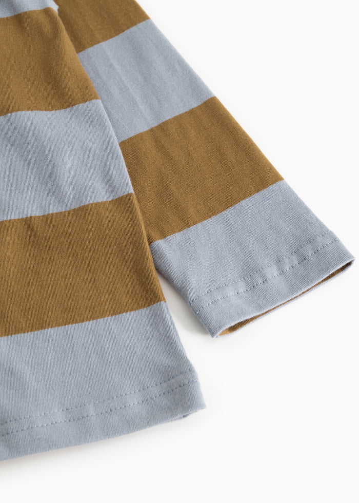 Striped polo shirt with light blue and ochre brown stripes at the cuff.