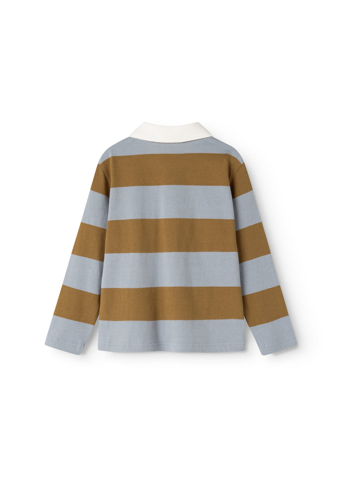 Striped polo shirt with long sleeves, light blue/ochre brown stripes, white collar (back)