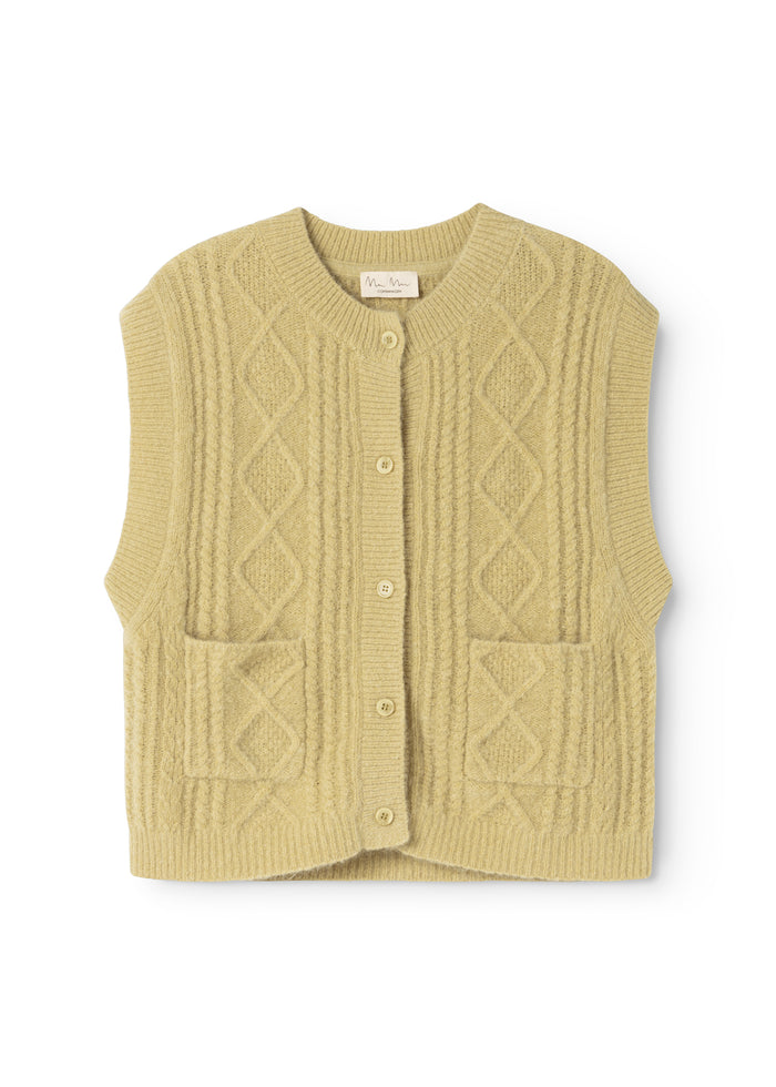 Light green knitted vest with continuous buttons and a window pattern.