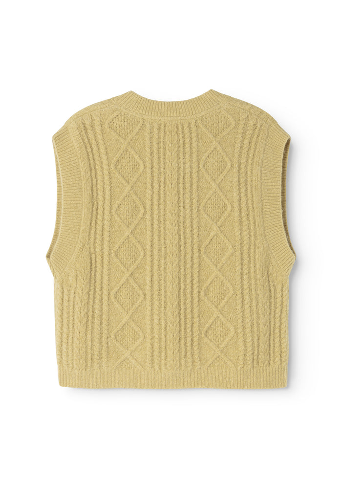 Cozy knitted sleeveless vest with snap closure and window pattern.