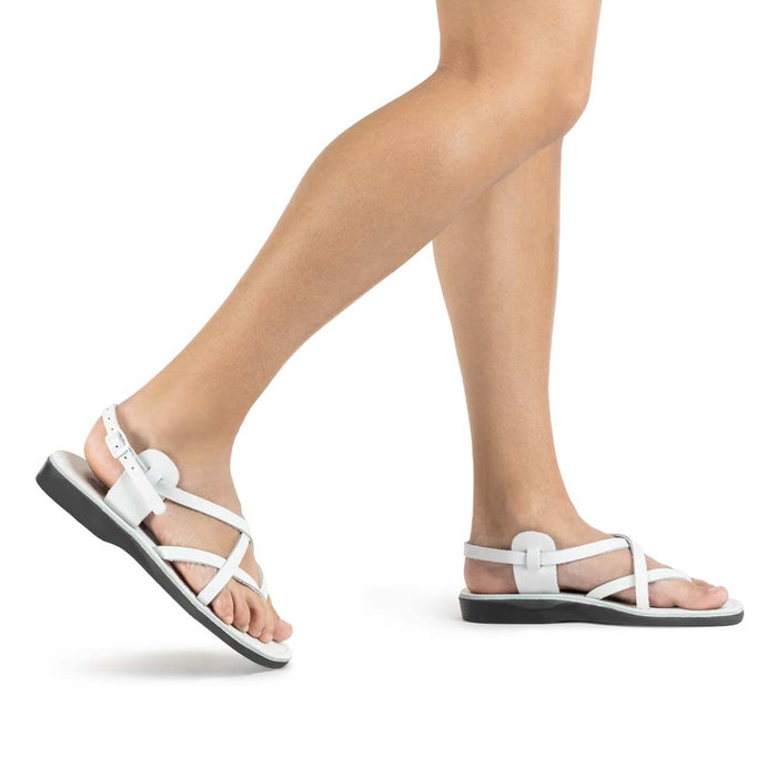 Tamar Buckle white, handmade leather sandals with back strap - Front View