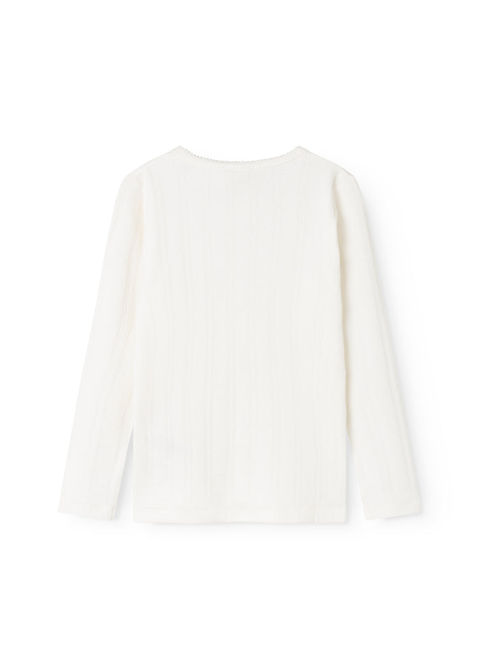Long-sleeve white T-shirt with round neckline and subtle texture on the back.