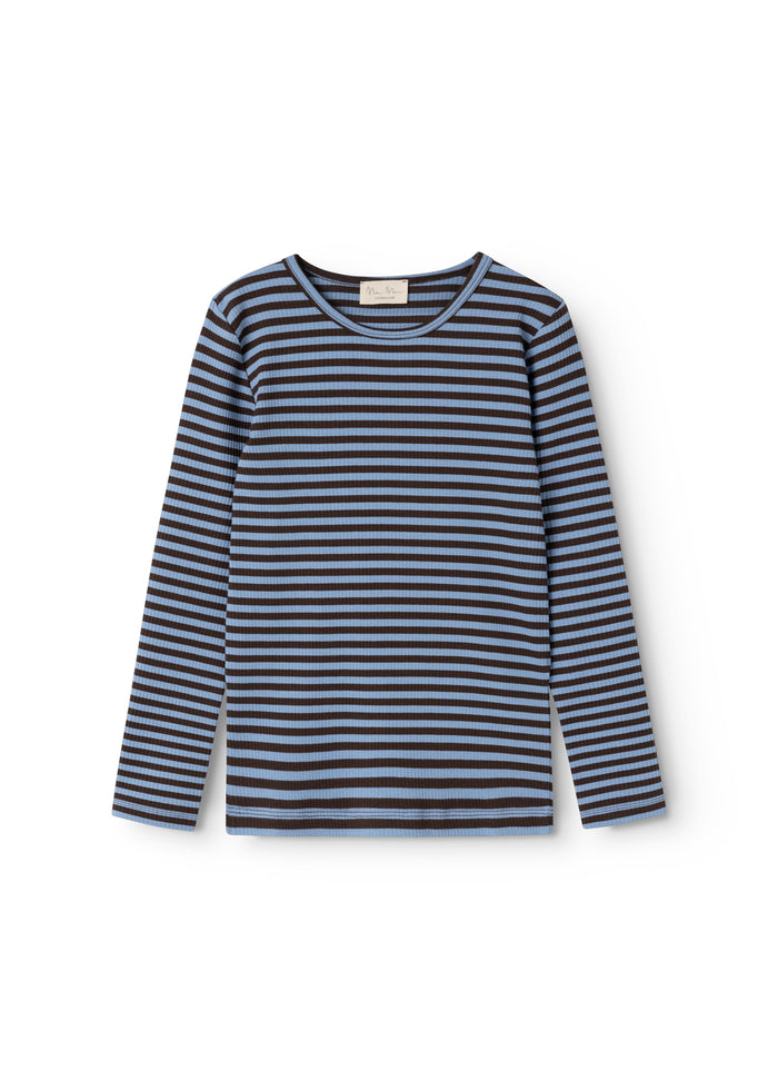 Striped long-sleeve T-shirt with round neck, dark and light horizontal stripes