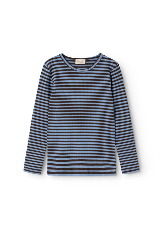 Striped long-sleeve T-shirt with round neck, dark and light horizontal stripes