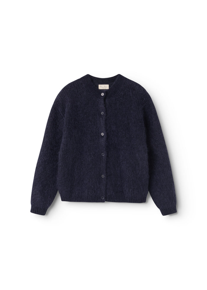 Tavon W cardigan in dark melange with button closure and round neckline.