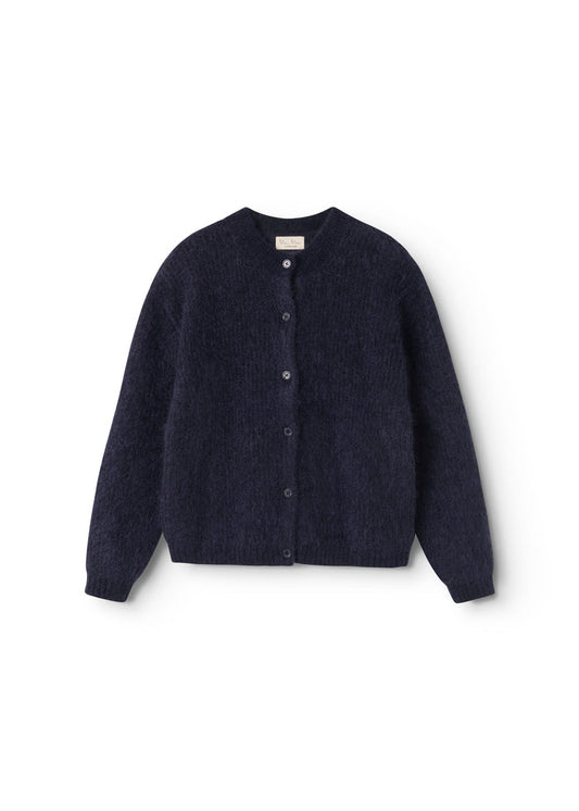 Tavon W cardigan in dark melange with button closure and round neckline.