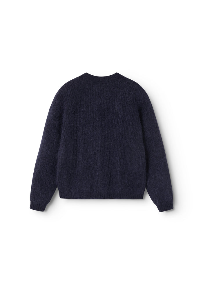 Tavon W striped cardigan in dark melange with long sleeves and reversed look.