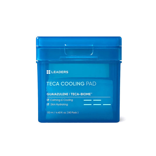 Blue container of Teca Cooling Pad | Leaders with branding and product benefits for calming, cooling, and skin hydrating visible on the label.
