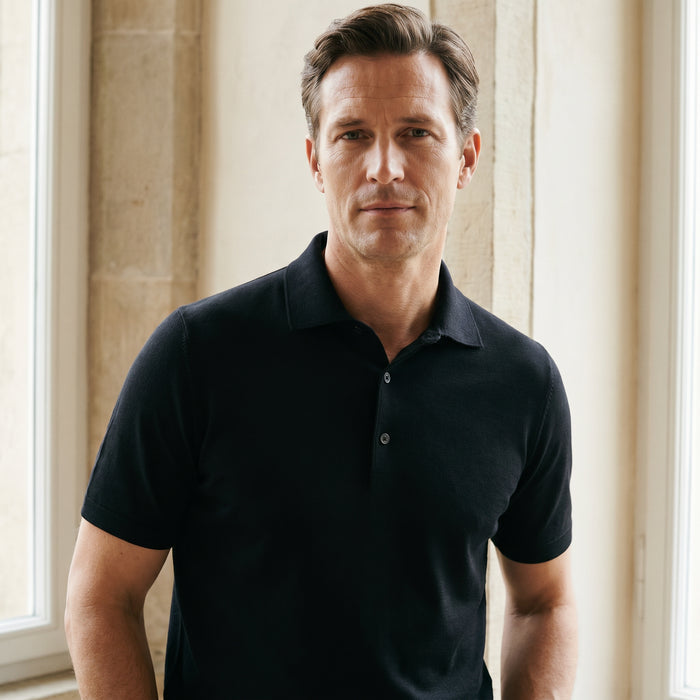 Textured Jacquard Short-Sleeve Polo, worn — Emanuel Berg