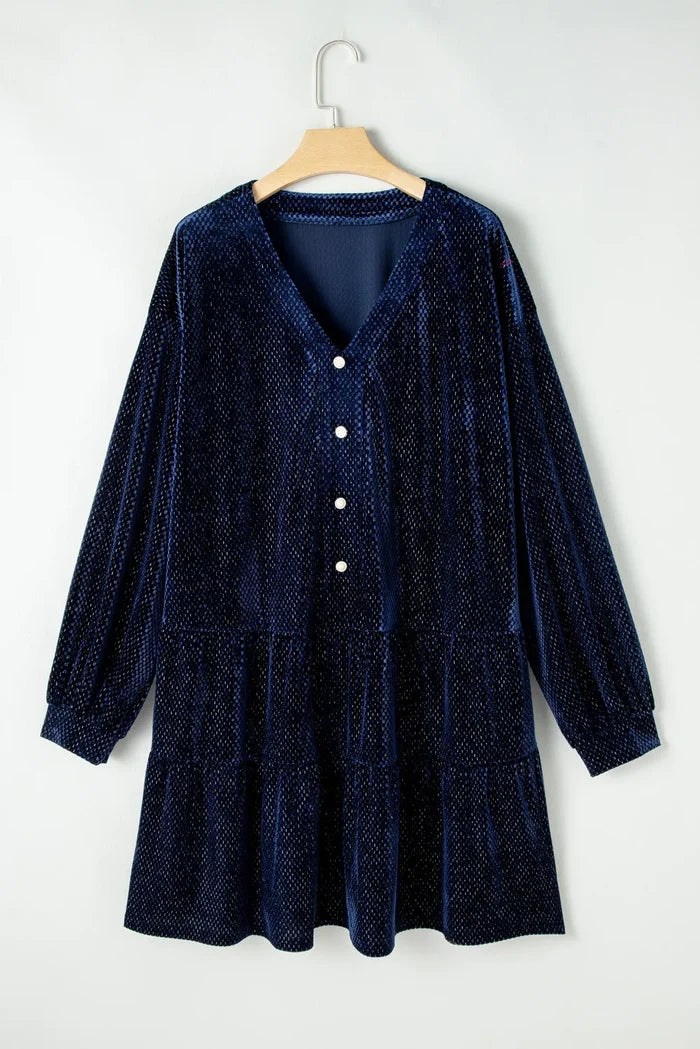 Navy blue textured velvet dress for curvy women with long sleeves and button front detail