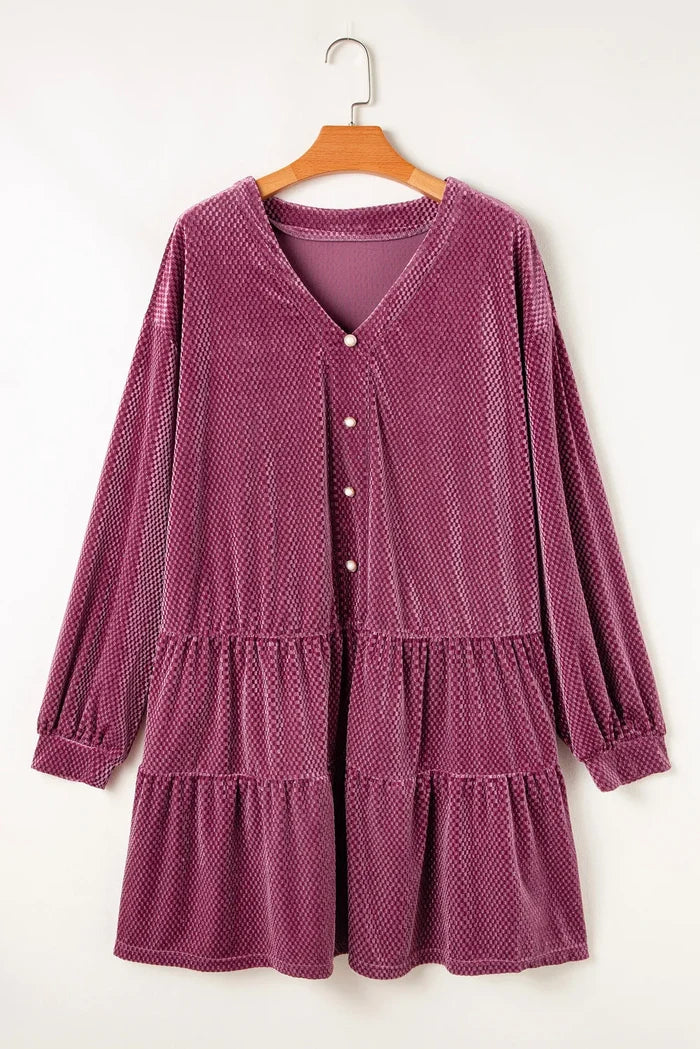 Purple textured velvet dress for curvy women with long sleeves and button front design